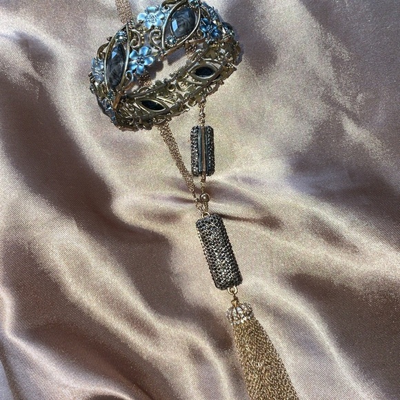 Hematite Encrusted Long Tassel Necklace with Cuff Bracelet Elegant Silver Gold - Picture 10 of 15